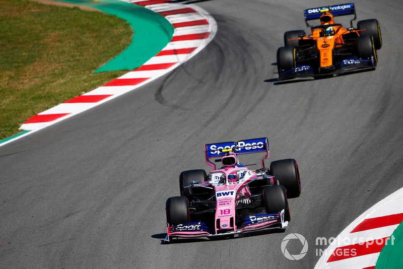 Lance Stroll, Racing Point RP19, precede Lando Norris, McLaren MCL34