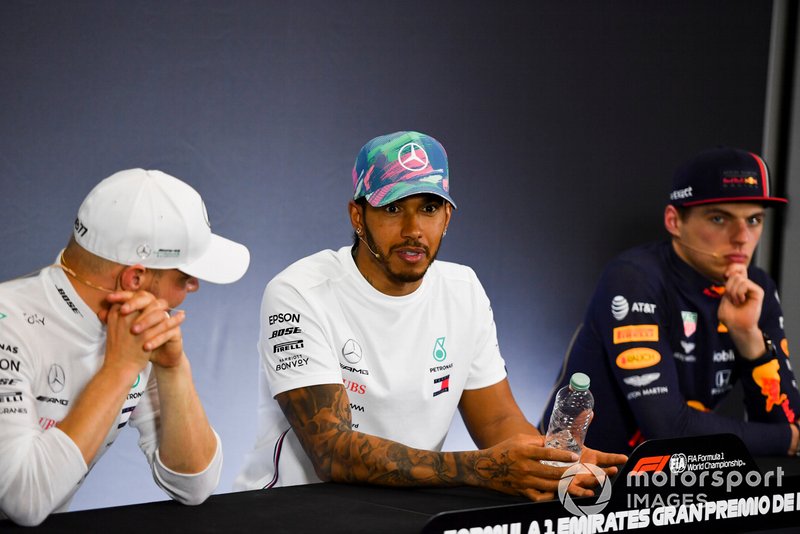 Valtteri Bottas, Mercedes AMG F1, 2nd position, Lewis Hamilton, Mercedes AMG F1, 1st position, and Max Verstappen, Red Bull Racing, 3rd position, in the Press Conference