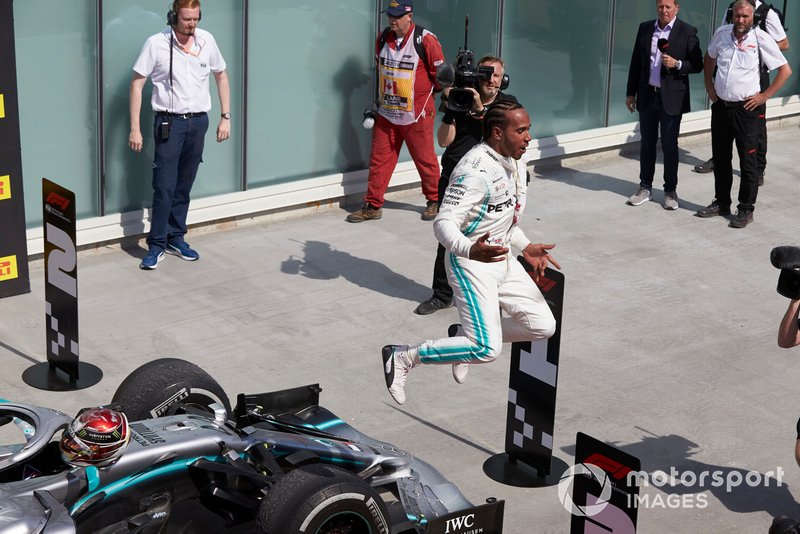 Lewis Hamilton, Mercedes AMG F1, 1st position, celebrates on arrival in Parc Ferme