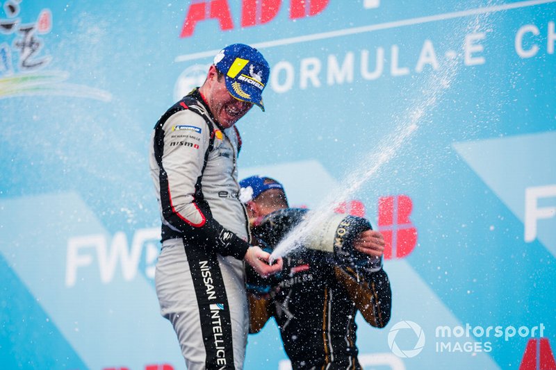 Jean-Eric Vergne, DS TECHEETAH, 1st position, Oliver Rowland, Nissan e.Dams, 2nd position, celebrate on the podium