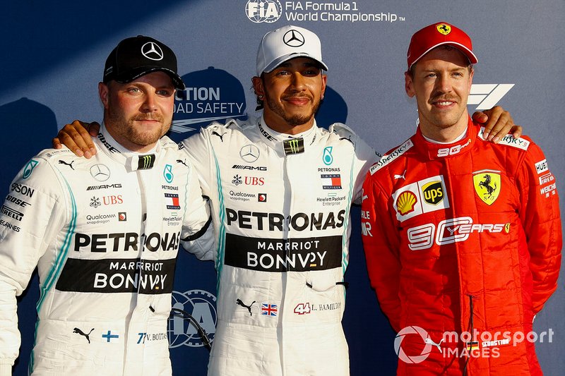 Valtteri Bottas, Mercedes AMG F1, Lewis Hamilton, Mercedes AMG F1, Sebastian Vettel, Ferrari in Parc Ferme