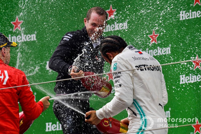 Lewis Hamilton, Mercedes AMG F1, 1st position, sprays Champagne on the podium