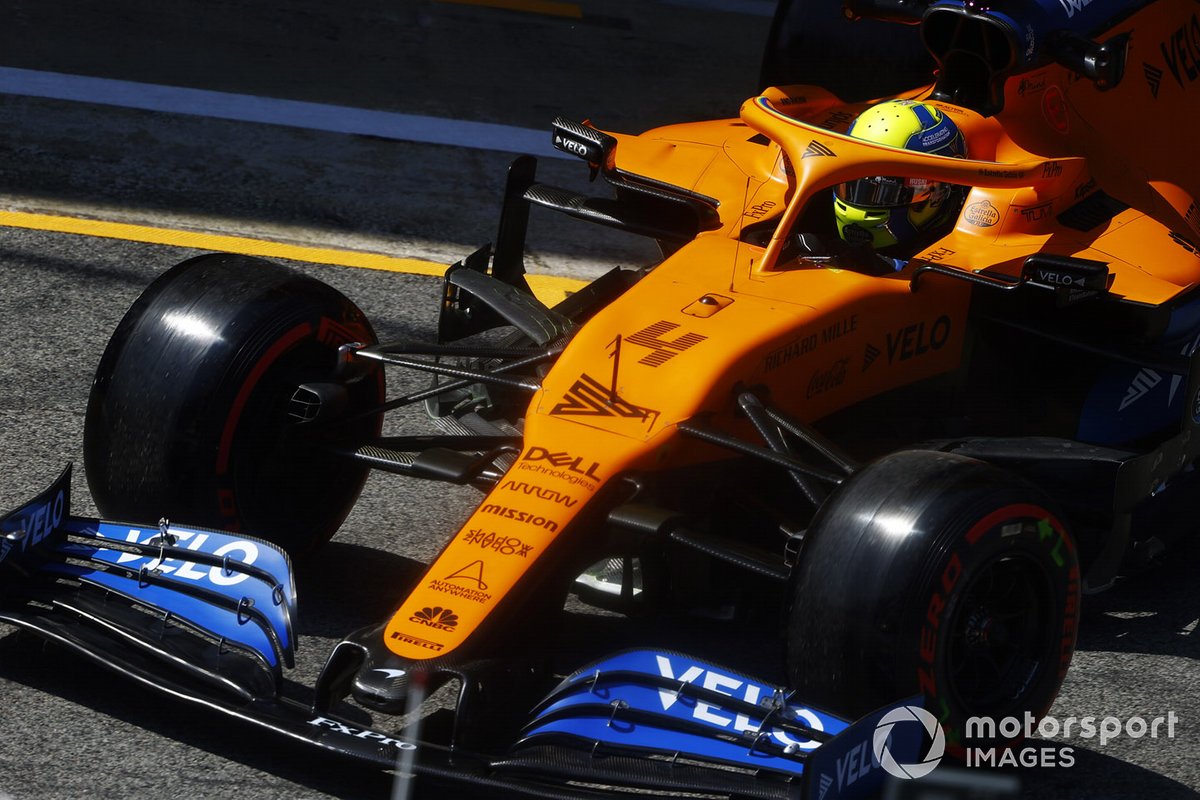 Lando Norris, McLaren MCL35, leaves the garage