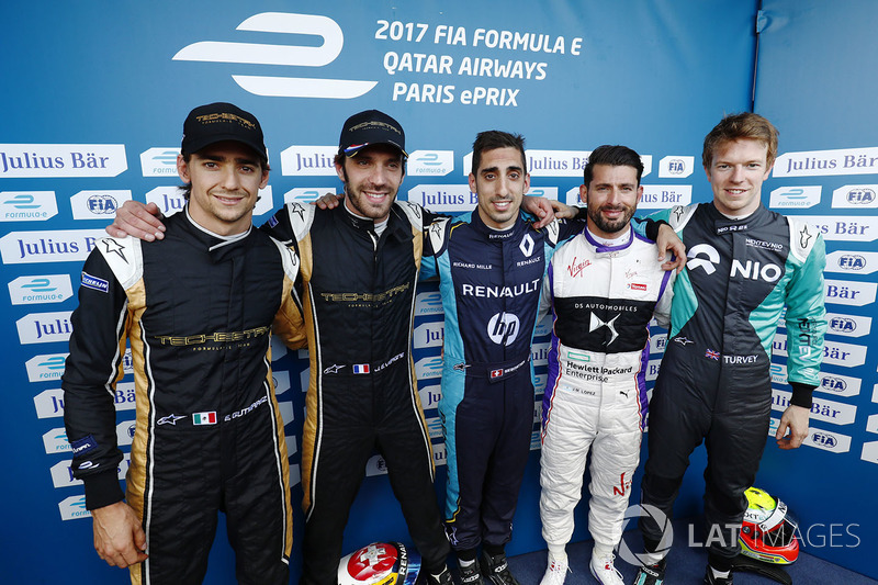 Esteban Gutiérrez, Techeetah, Jean-Eric Vergne, Techeetah, Sébastien Buemi, Renault e.Dams, José María López, DS Virgin Racing, y Oliver Turvey, NEXTEV TCR Formula E Team