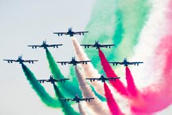 The Italian Air Force Aerobatic display team, Frecce Tricolour, display in their Aermacchi MB-339 PA