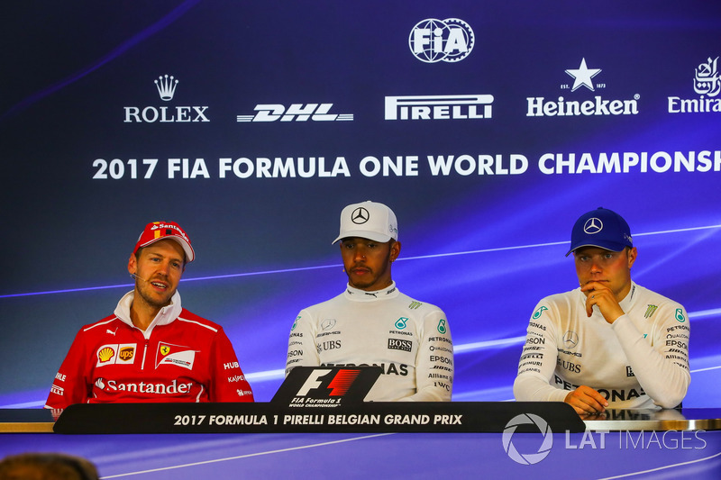 Sebastian Vettel, Ferrari, Lewis Hamilton, Mercedes AMG F1 and Valtteri Bottas, Mercedes AMG F1 in the Press Conference