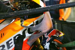 Marc Marquez, Repsol Honda Team, showing new aerodynamic fairing/wing after a crash