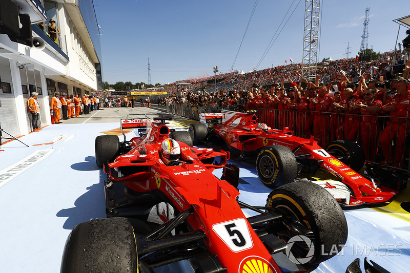 Sebastian Vettel, Ferrari SF70H, Kimi Raikkonen, Ferrari SF70H, stop in parc ferme after finishing one-two