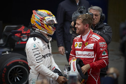 Lewis Hamilton, Mercedes AMG, and Sebastian Vettel, Ferrari in parc ferme