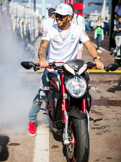 Lewis Hamilton, Mercedes AMG F1 on his MV Agusta Custom Dragster RR LH44 Superbike