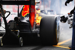The brakes of Max Verstappen, Red Bull Racing RB12, catch fire in the pits