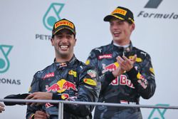 (L to R): Race winner Daniel Ricciardo, Red Bull Racing celebrates on the podium with second placed team mate Max Verstappen, Red Bull Racing