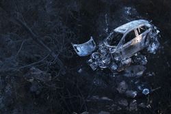 The burnt remains of the car of Hayden Paddon, John Kennard, Hyundai i20 WRC, Hyundai Motorsport