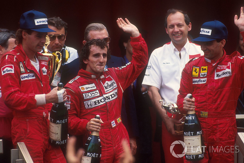 Podium: winner Alain Prost, McLaren Honda, second place Gerhard Berger,Ferrari, third place Michele Alboreto, Ferrari