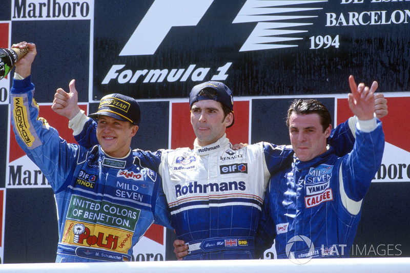 Podium: winner Damon Hill, Williams, second place Michael Schumacher, Benetton, third place Mark Blundell, Tyrrell