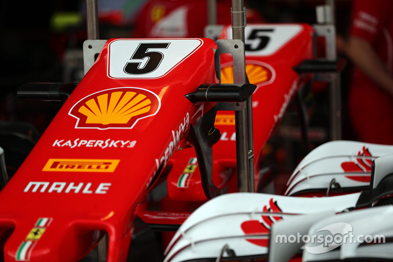 The nose and front wing detail of Sebastian Vettel, Ferrari SF70H