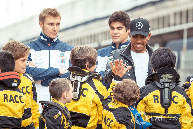Lewis Hamilton, Mercedes-AMG F1 amd Sergey Sirotkin, Williams and Lance Stroll, Williams with the RACC Cadet Karters