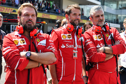 Gino Rosato, Ferrari, Jonathan Giacobazzi, Ferrari Marketing Manager and Maurizio Arrivabene, Ferrari Team Principal celebrate in parc ferme