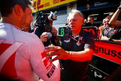 Romain Grosjean, Haas F1 Team, Gene Haas, Team Owner, Haas F1, and the Haas F1 team celebrate the team's best finish yet