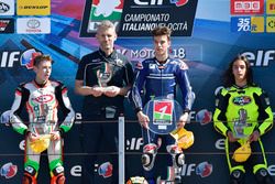 Podio Gara 1: il secondo classificato Nicola Carraro, Team Minimoto Portomaggiore, il vincitore Nicholas Spinelli, Gresini Racing Junior Team, il terzo classificato Elia Bartolini. Team RMU VR46 Riders Academy