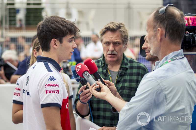 Charles Leclerc, Sauber talks with the media