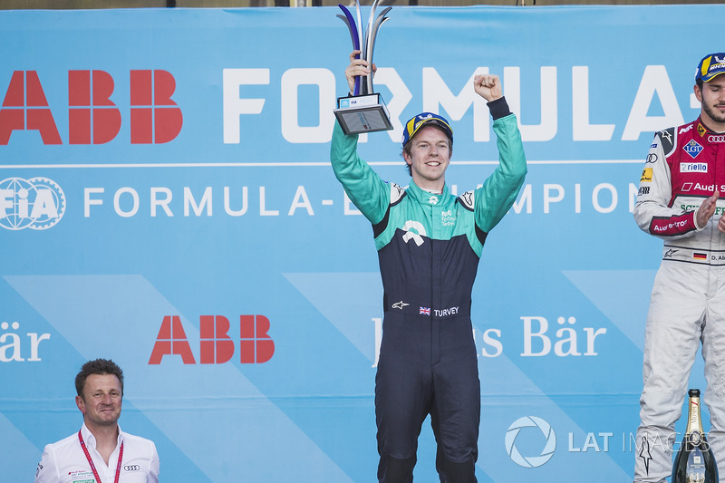 Oliver Turvey, NIO Formula E Team, celebrates on the podium