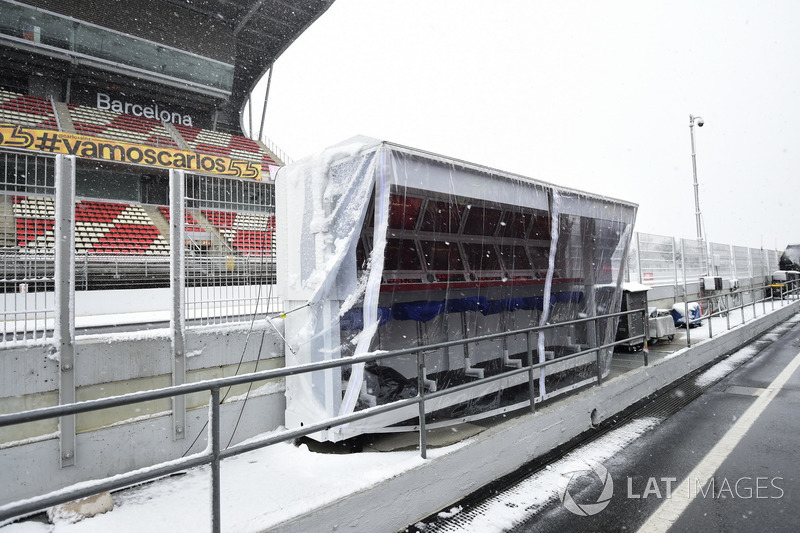 Pitlane del Circuit de Barcelona cubierto de nieve