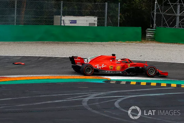 Sebastian Vettel, Ferrari SF71H, trompea con daños en la primera vuelta del GP de Italia 2018