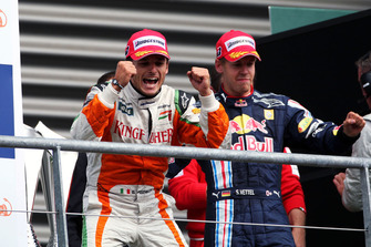 Giancarlo Fisichella, Force India F1 celebrates his second position on the podium