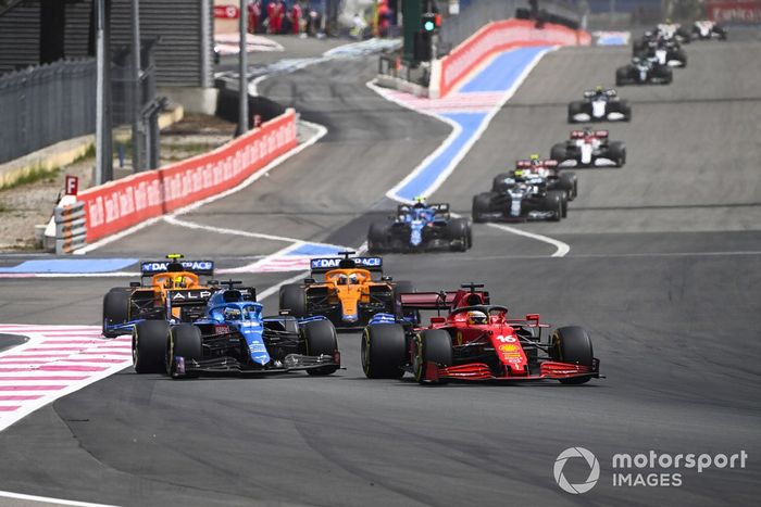 Charles Leclerc, Ferrari SF21, Fernando Alonso, Alpine A521, Daniel Ricciardo, McLaren MCL35M, Lando Norris, McLaren MCL35M