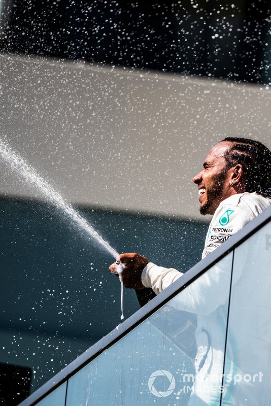 Lewis Hamilton, Mercedes AMG F1, 1st position, celebrates with Champagne on the podium