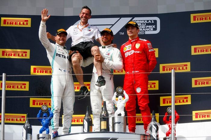 El podio del GP de Francia: 1º Lewis Hamilton, 2º Valtteri Bottas, 3º Charles Leclerc