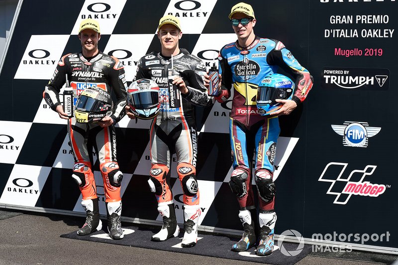 Ganador de la pole Marcel Schrotter, Intact GP, segundo Thomas Luthi, Intact GP, tercero Alex Marquez, Marc VDS Racing