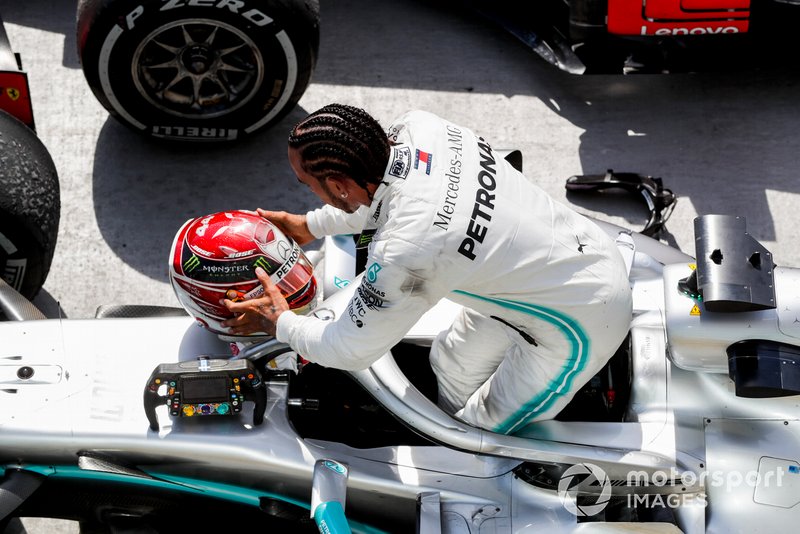 Lewis Hamilton, Mercedes AMG F1, 1st position, climbs out of his car in Parc Ferme