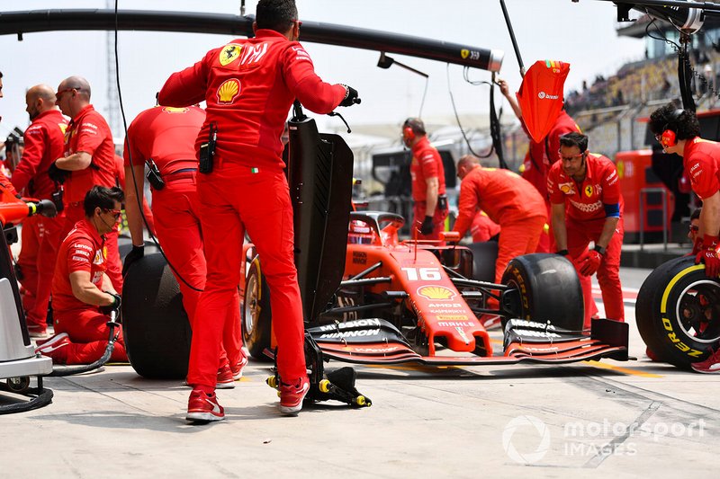 Charles Leclerc, Ferrari SF90, in the pits during practice
