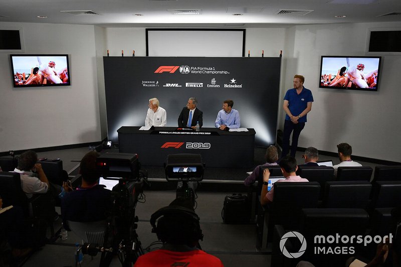 John Grant, Chairman of the BRDC, Chase Carey, Chairman, Formula 1 and Stuart Pringle, Managing Director of Silverstone Circuits in the Press Conference 