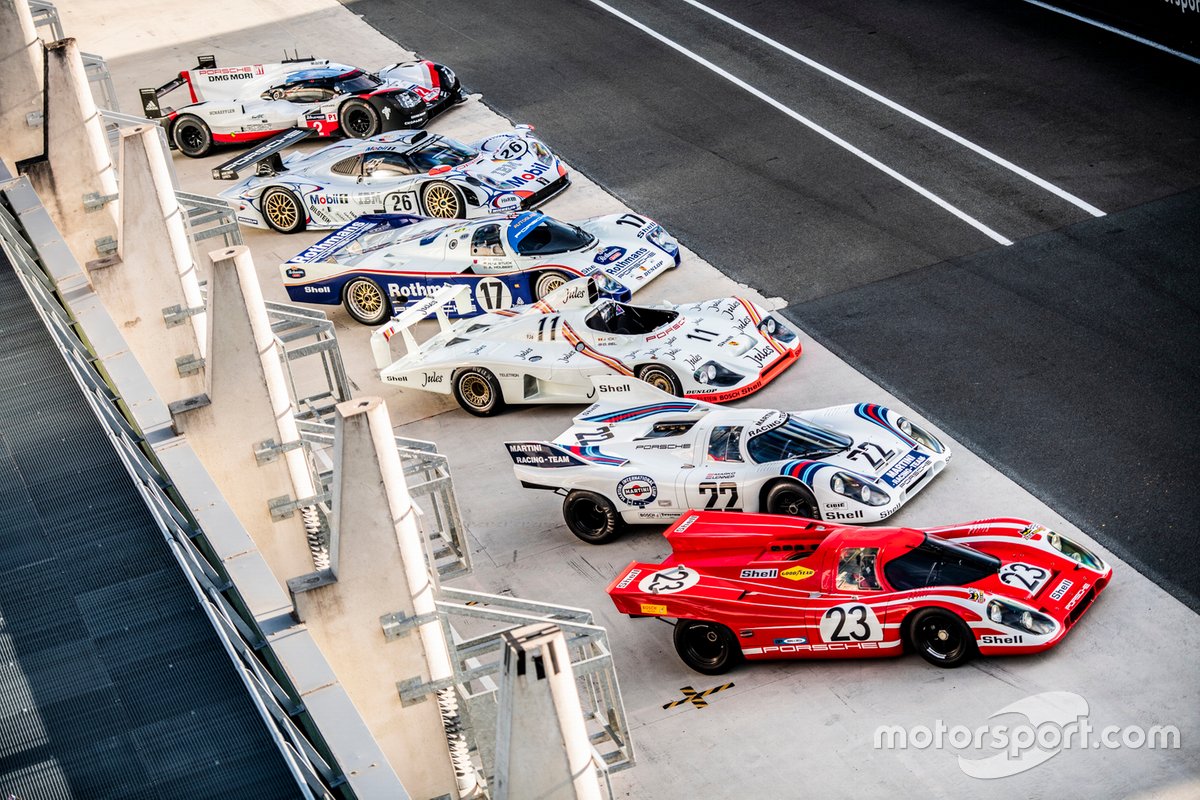 Os seis Porsches vencedores de Le Mans: Porsche 917 KH de 1971, Porsche 936/81 Spyder de 1981, Porsche 917 KH de 1970, Porsche 911 GT1 de 1998, Porsche 962 C de 1987, e o Porsche 919 Hybrid de 2017
