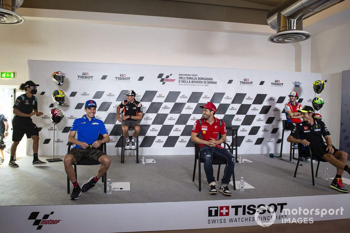 Joan Mir, Team Suzuki MotoGP, Aleix Espargaro, Aprilia Racing Team Gresini, Andrea Dovizioso, Ducati Team, Franco Morbidelli, Petronas Yamaha SRT arriving late, Valentino Rossi, Yamaha Factory Racing, Francesco Bagnaia, Pramac Racing