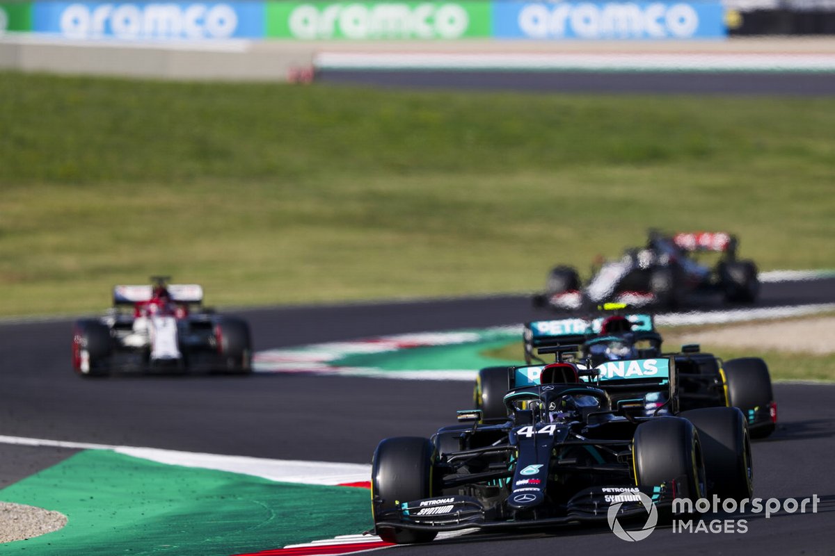 Lewis Hamilton, Mercedes F1 W11, Valtteri Bottas, Mercedes F1 W11, and Kimi Raikkonen, Alfa Romeo Racing C39