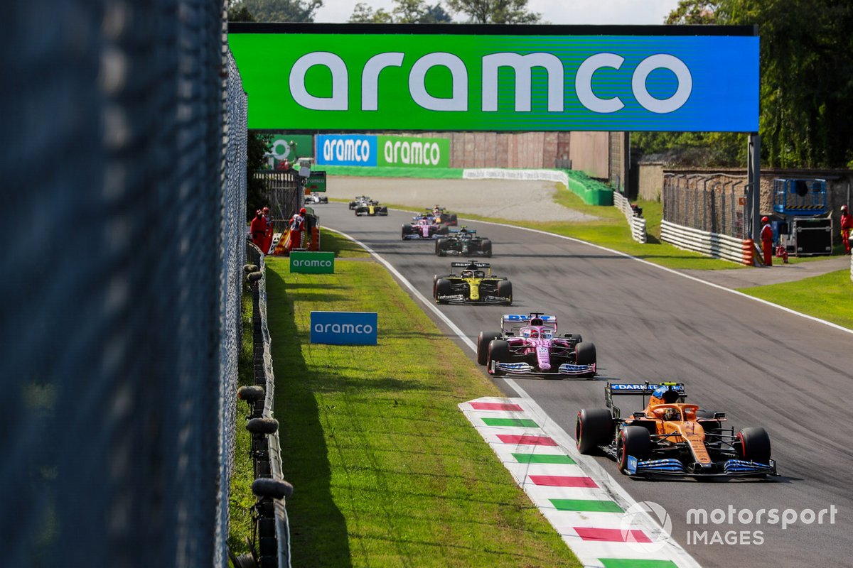 Lando Norris, McLaren MCL35, Sergio Pérez, Racing Point RP20, Daniel Ricciardo, Renault F1 Team R.S.20, Valtteri Bottas, Mercedes F1 W11, Lance Stroll, Racing Point RP20