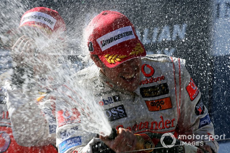 Second place Fernando Alonso, McLaren celebrates on the podium  