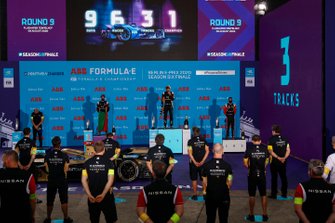Antonio Felix da Costa, DS Techeetah, 2nd position, Jean-Eric Vergne, DS Techeetah, 1st position, and Sébastien Buemi, Nissan e.Dams, 3rd position, on the podium
