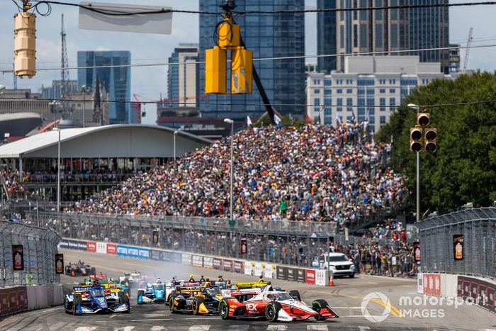 #3: Scott McLaughlin, Team Penske Chevrolet, #10: Alex Palou, Chip Ganassi Racing Honda, #26: Colton Herta, Andretti Autosport w/ Curb-Agajanian Honda