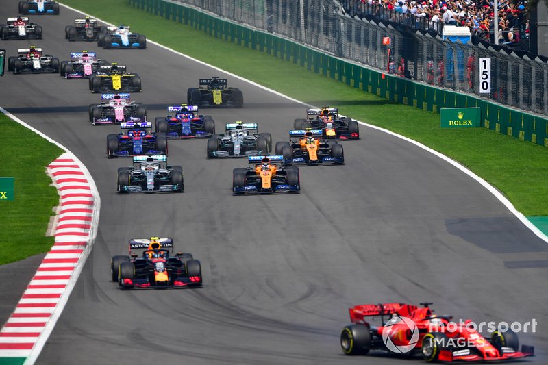Second placed Sebastian Vettel, Ferrari SF90, leads Alex Albon, Red Bull RB15