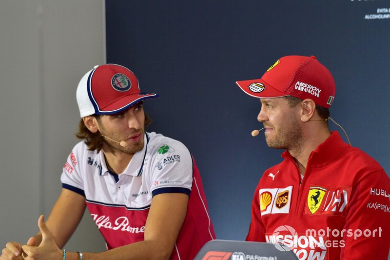 Antonio Giovinazzi, Alfa Romeo Racing e Sebastian Vettel, Ferrari, in conferenza stampa
