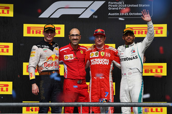 (L to R): Max Verstappen, Red Bull Racing, Carlo Santi, Ferrari Race Engineer, Race Winner Kimi Raikkonen, Ferrari and Lewis Hamilton, Mercedes AMG F1 celebrate on the podium