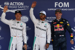 Qualifying top three in parc ferme (L to R): Nico Rosberg, Mercedes AMG F1, second; Lewis Hamilton, Mercedes AMG F1, pole position; Max Verstappen, Red Bull Racing, third