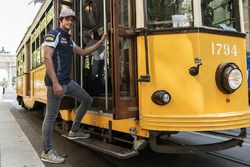 Carlos Sainz Jr. gets in the historical tram of Milano