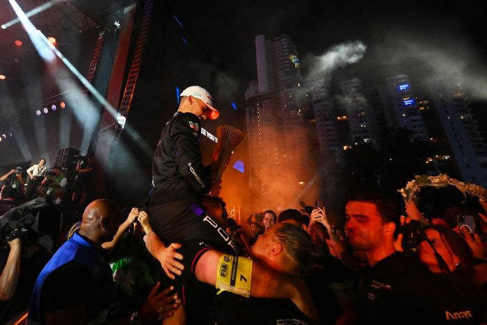 Race winner Pascal Wehrlein, Porsche Formula E Team, celebrates with his team at the podium