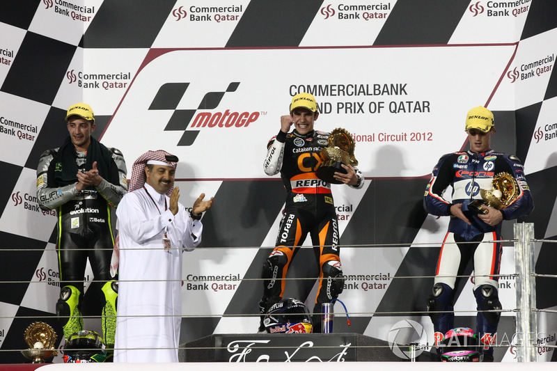 Podium: second place Andrea Iannone, Race winner Marc Marquez, third place Pol Espargaro